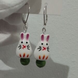 Adorable Ceramic White Bunny Drop Earrings - Silver Plated Backs Nickle Free
